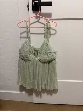 Parker Shimmery Light Sage Pleated Tie-Strap Top